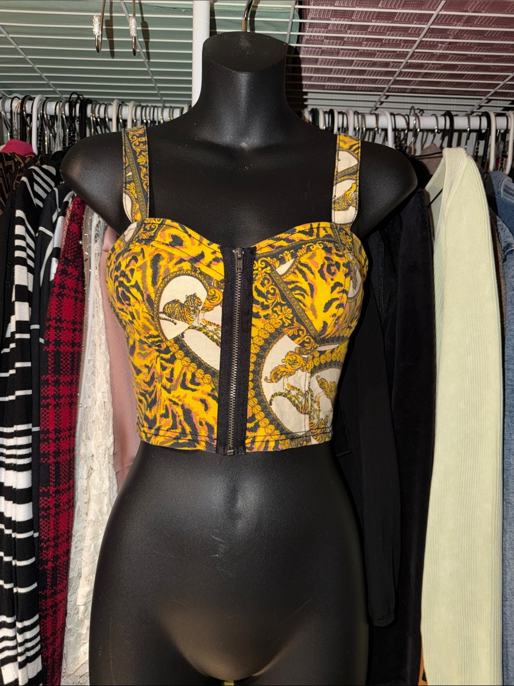 Topshop Yellow & Cream Printed Zip-Front Cropped Bustier